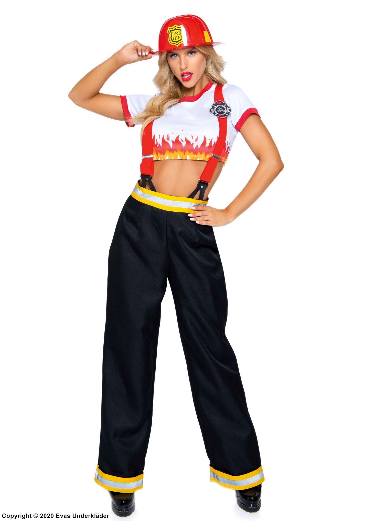 Female fire fighter, costume top and pants, suspenders, flames